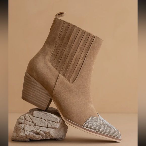 Anthropologie Beige Suede Booties with Metallic Toe - Picture 3 of 4